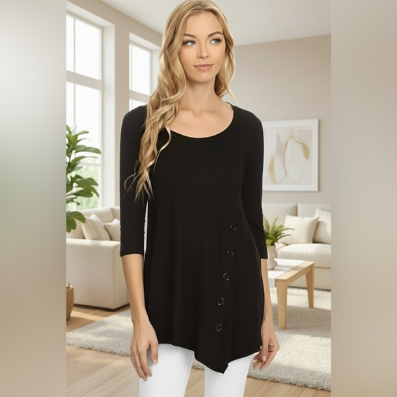 NEW Womens Black Asymmetric Top, 3/4 Sleeve Shirt, Side Buttons - Picture 5 of 9